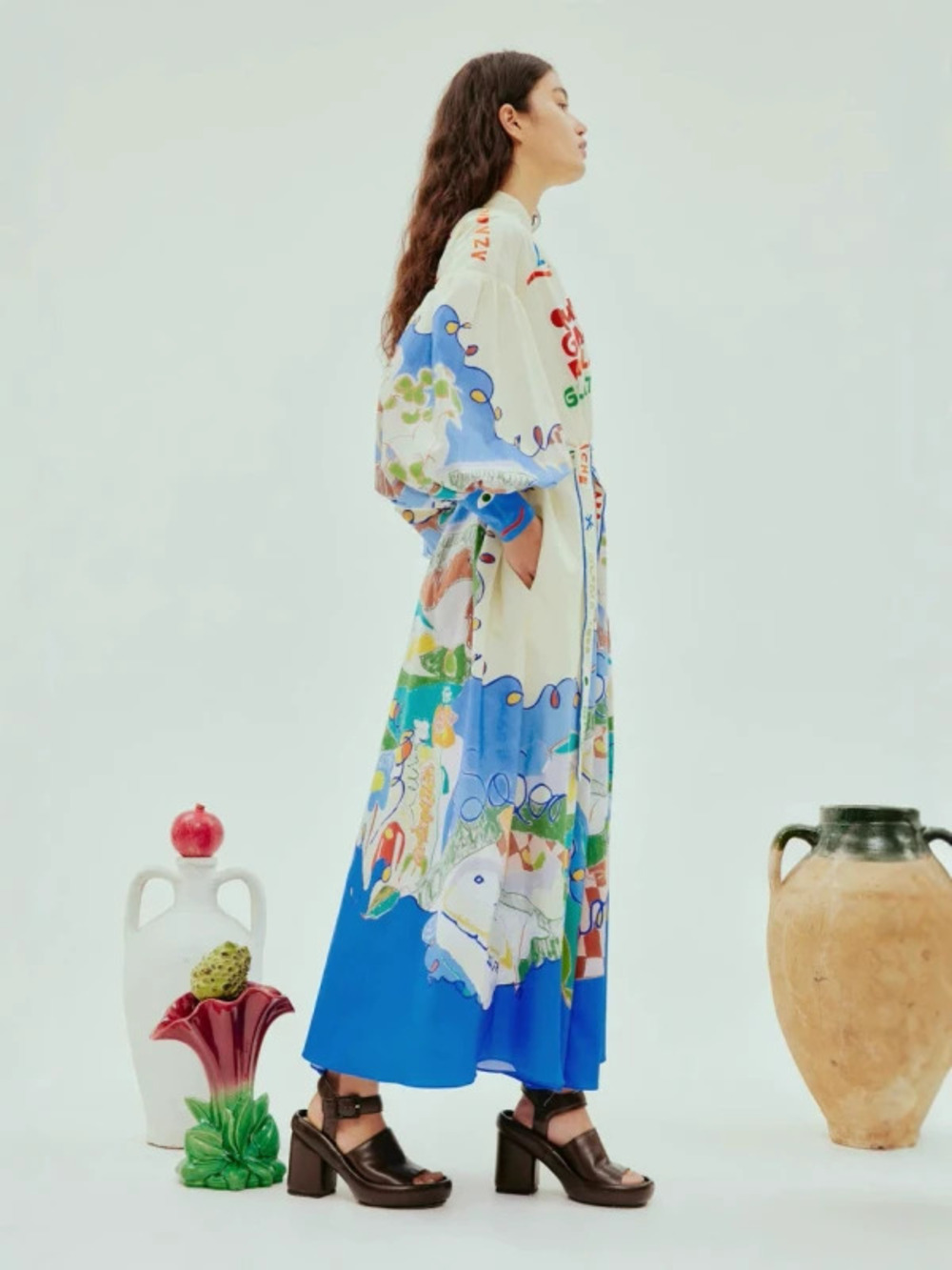 ZARA Single Breasted Long Lantern Sleeve Graffiti Print Tie Waist Dress